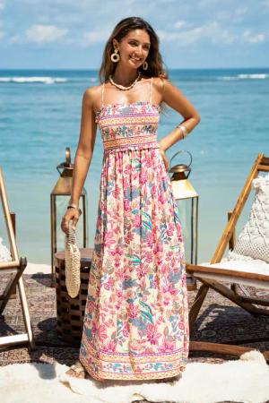 Florales Ärmelloses Gesmoktes Maxikleid