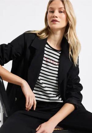 Street One Frauen Streifenshirt mit Wording in Schwarz, Gr: 44