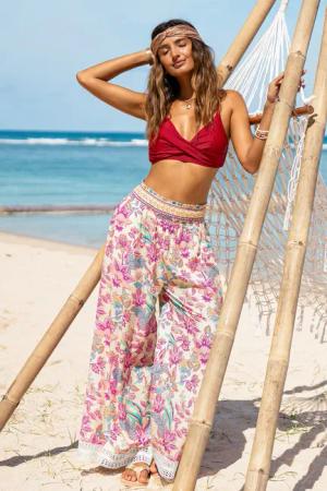 Florale Gesmokte Taille Strandhose