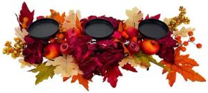 Online-Fuchs Kerzenständer - Kerzenständer für 3 Stumpenkerzen mit Herbstlaub und Deko Äpfeln (Hortensienblüten und Sanddorn, Kerzenteller aus Metall), Herbstdeko