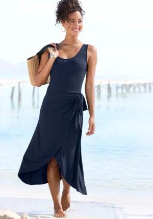 LASCANA Strandkleid, mit Rock in Wickeloptik, Midikleid aus Jersey, Sommerkleid