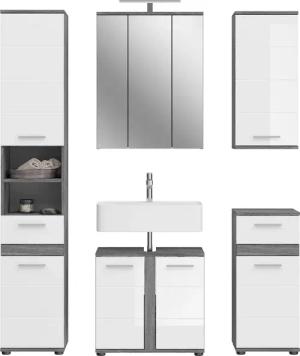 welltime Badmöbel-Set "LUCCA, 5-teilig, TOPSELLER, inklusive LED Beleuchtung, bestehend aus:", (Set, 5 St.), Hochschrank, WBU, Spiegelschrank, Unterschrank, Hängeschrank