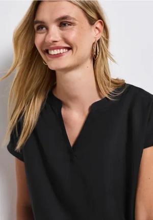 Street One Frauen Split Neck Bluse in Unifarbe in Schwarz, Gr: 34