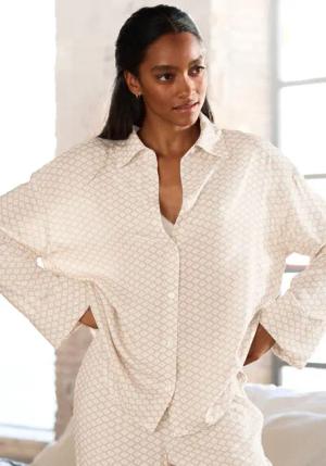 LASCANA Damen Pyjamaoberteil beige-weiß gemustert Gr.34