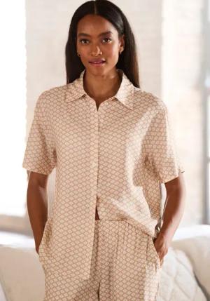 LASCANA Damen Pyjamaoberteil beige-weiß gemustert Gr.46