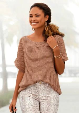 LASCANA Kurzarmpullover Damen camelfarben Gr.40/42