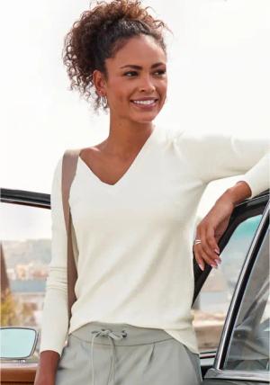 VIVANCE V-Ausschnitt-Pullover Damen creme Gr.44/46