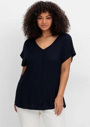 Sheego Shirt mit V-Ausschnitt und Zierpaspel vorn, tiefblau, Gr.52/54