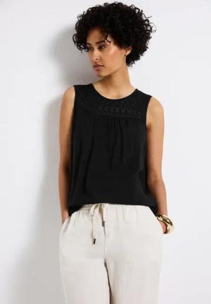 Street One Frauen Top mit Ajourdetails in Schwarz, Gr: 42