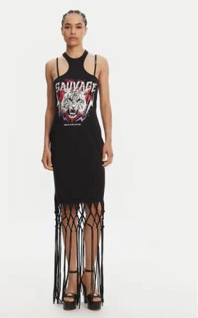 Versace Jeans Couture Kleid für den Alltag Logo Fringes 78HAOE01 CJ02E Schwarz Regular Fit