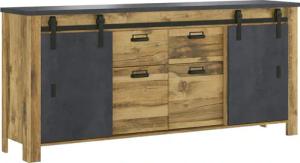 Home affaire Sideboard "York, moderner Schrank, Kommode in Hunton Oak Dekor, Industrialdesign", mit Scheunentorbeschlägen & Apothekergriffen aus Metall, 201 cm breit