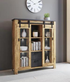 Home affaire Highboard "York, moderner Hochschrank, Vitrine in Hunton Oak, Industrialdesign", mit Scheunentorbeschlägen & Apothekergriffen aus Metall, 150 cm hoch