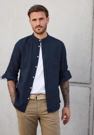 Street One MEN Männer Leinenhemd mit Stehkragen in Blau, Gr: L