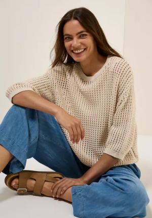 Cecil Damen Pullover im Häkel-Optik in Beige, Gr: L