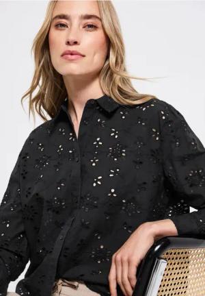 Street One Frauen Hemdbluse mit Lochstickerei in Schwarz, Gr: 40