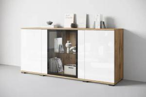 INOSIGN Sideboard "Caro, modernes Design mit Glaseinsätzen, Breite 150 cm", (1 St.), Grifflose Fronten mit Push-to-Open, höhenverstellbare Einlegeböden