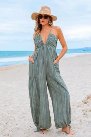 Gestreifter Tiefer Ausschnitt Ärmelloser Jumpsuit