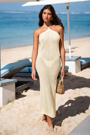 Beiges Hoher Ausschnitt Maxi-Strick-Strandkleid