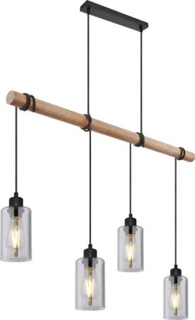 GLOBO Pendelleuchte HADERA 15465-4H1 schwarz natur Metall Holz Rauchglas B/H/T: ca. 98x130x15 cm E27 4 Brennstellen