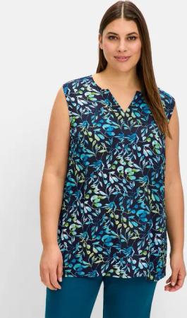 Sheego Webtop aus Crêpe, mit Blätterprint, tiefblau bedruckt, Gr.46