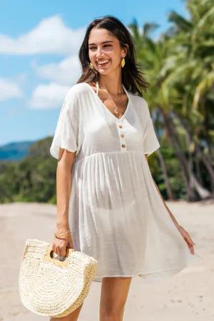 Weißes transparentes V-Ausschnitt Kurzarm Mini-Strandkleid