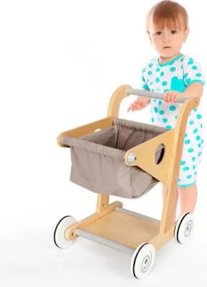 FOSMET Spiel-Einkaufswagen Holz Einkaufswagen für Kinder mit Stoffkorb und Gummirädern
