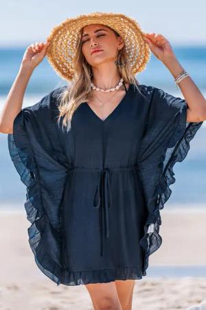 Blaues Halbärmel Mini-Strandkleid mit Volantbesatz