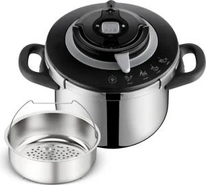 Tefal Schnellkochtopf "Clipso+ CHEF, 6 Liter Dampfkochtopf", Edelstahl, 4 Kochprogramme, 6 Sicherheitsstufen, abnehmbarer Timer