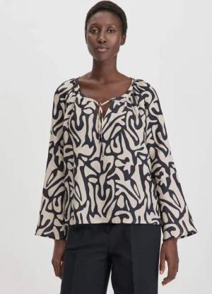 hessnatur Damen Print Bluse Relaxed aus Leinen - schwarz - Größe 34