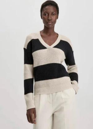 hessnatur Damen Streifen Strick Pullover Relaxed aus Bio-Baumwolle - schwarz - Größe S