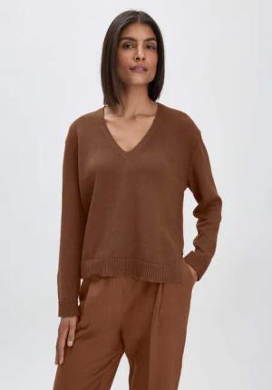 hessnatur Damen Strick Pullover Relaxed aus Bio-Baumwolle mit edlem Leinen - braun - Größe L