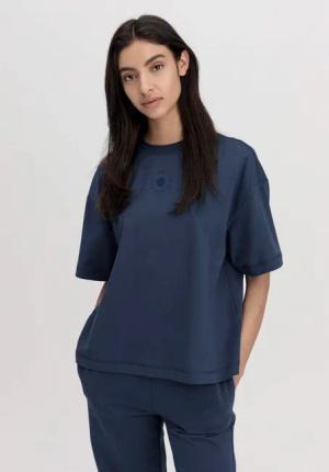 hessnatur Damen T-Shirt Cropped Oversize aus Bio-Baumwolle mit Kapok - blau - Größe 34