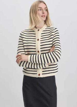 hessnatur Damen Streifen Strick Jacke Regular aus Bio-Baumwolle - schwarz - Größe XS