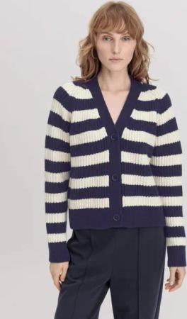 hessnatur Damen Strickjacke Streifen Relaxed aus Bio-Merinowolle mit Bio-Baumwolle - blau - Größe M