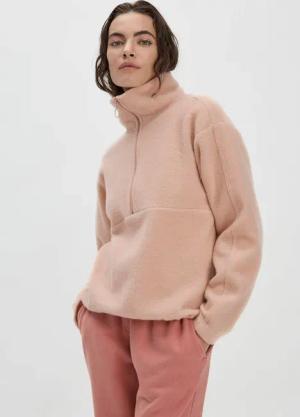 hessnatur Damen Wollfleece Troyer Relaxed aus Bio-Merinowolle mit Bio-Baumwolle - rosa - Größe L