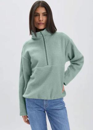 hessnatur Damen Wollfleece Troyer Relaxed aus Bio-Merinowolle mit Bio-Baumwolle - grün - Größe XS