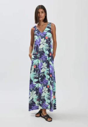 hessnatur Damen Print Kleid Maxi Regular aus LENZING™ ECOVERO™ - grün - Größe 36