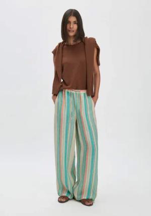 hessnatur Damen Streifen Hose Straight Leg Relaxed aus Leinen - grün - Größe 38