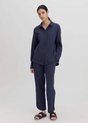 hessnatur Damen Musselin Schlafhose Regular PURE COMFORT aus Bio-Baumwolle - blau - Größe 44