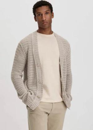 hessnatur Herren Ajour Strickjacke Regular aus Bio-Baumwolle - beige - Größe 52