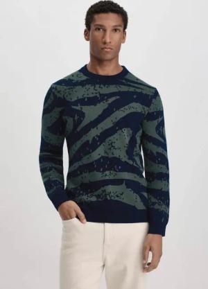 hessnatur Herren Jacquard Strick Pullover Regular aus Bio-Baumwolle mit Schurwolle - blau - Größe 54