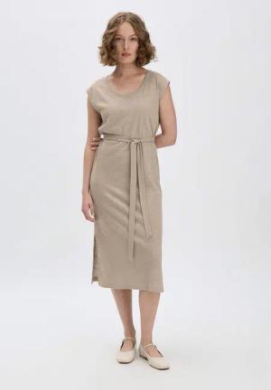 hessnatur Damen Jersey Kleid Midi Relaxed aus Leinen und Bio-Baumwolle - beige - Größe 36