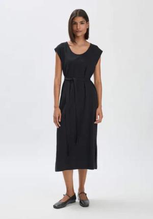 hessnatur Damen Jersey Kleid Midi Relaxed aus Leinen und Bio-Baumwolle - schwarz - Größe 38