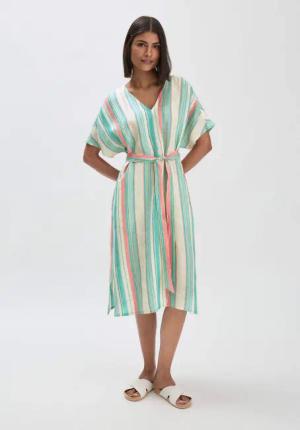 hessnatur Damen Streifen Kleid Midi Relaxed aus Leinen - grün - Größe 48