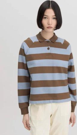 hessnatur Damen Sweatpolo Streifen Relaxed aus Bio-Baumwolle - braun - Größe XL