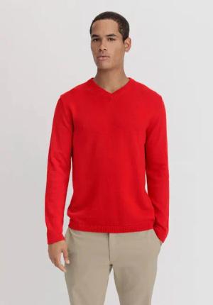 hessnatur Herren V-Pullover Regular aus Bio-Baumwolle mit Bio-Merinowolle - rot - Größe 48