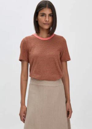 hessnatur Damen Streifen T-Shirt Relaxed aus Leinen mit reiner Bio-Baumwolle - braun - Größe 44