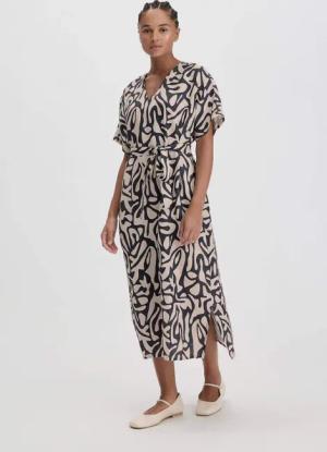 hessnatur Damen Print Kleid Midi Oversize aus Leinen - schwarz - Größe 40