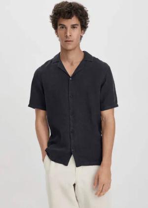 hessnatur Herren Resort Hemd Kurzarm Regular aus Leinen - blau - Größe XL (43/44)