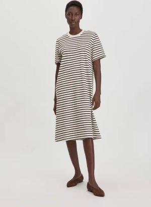 hessnatur Damen Streifen Heavy Jersey Slub Kleid Knielang Relaxed aus Bio-Baumwolle - natur - Größe 38